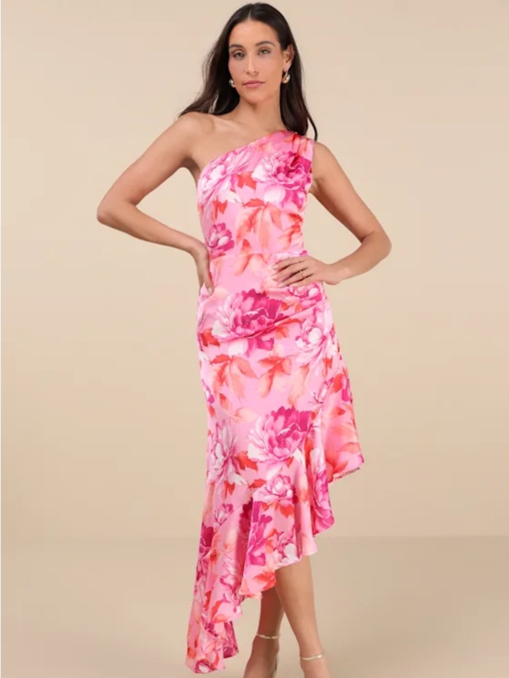NWT! Lulus Divinely Blooming Pink Multi Floral One-Shoulder Midi Dress. Medium